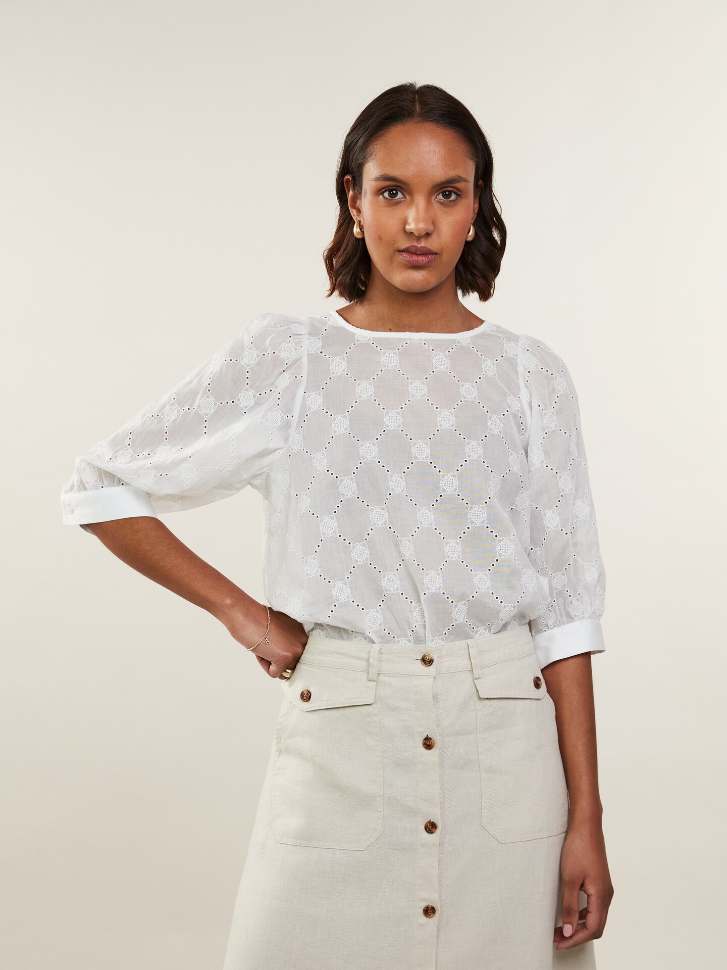 Carmen gemusterte Bluse, Weiß