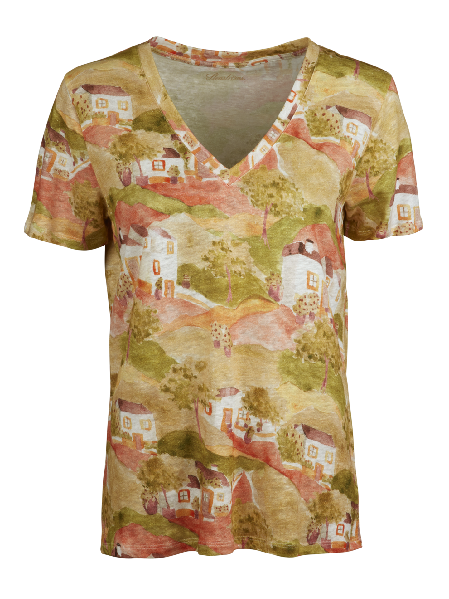 Stenströms Evy Pink Patterned Linen T-shirt | Women | Tops | Size: M | Pink | Print / Patterned | Short Sleeves