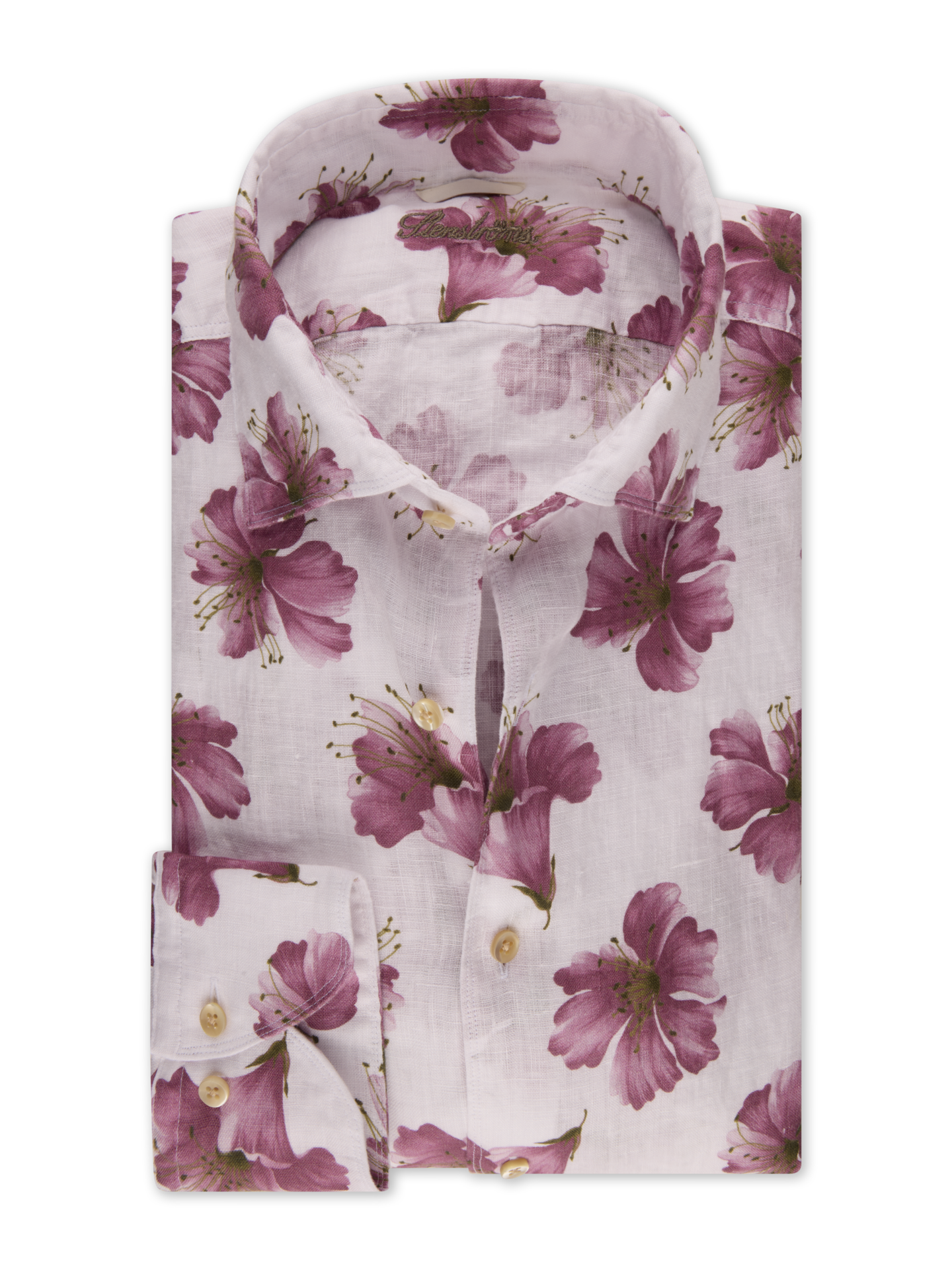 Stenströms Mörkrosa Blommig Linneskjorta | Herr | Herrskjortor | Fitted Body | Storlek: M | Mörkrosa | Mönstrad | Lång Ärm